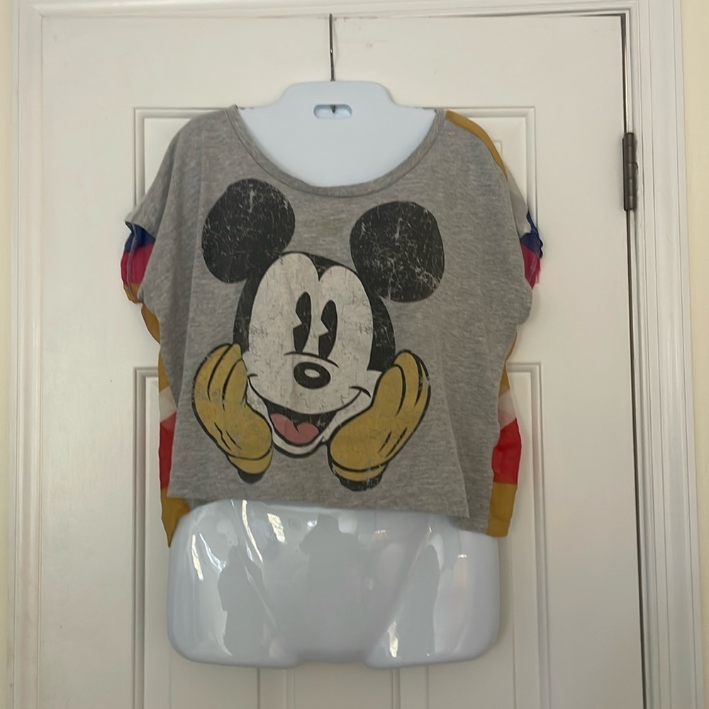 🩷 3/$18 Disney Mickey Mouse colorblock midriff crop top gray colorful